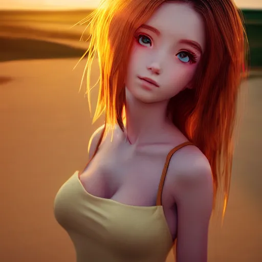 Prompt: Render of a very beautiful 3d anime girl, long hair, hazel eyes, cute freckles, full round face, short smile, cute sundress vibrant colora, golden hour, serene beach setting, medium shot, mid-shot, highly detailed, trending on Artstation, Unreal Engine 4k