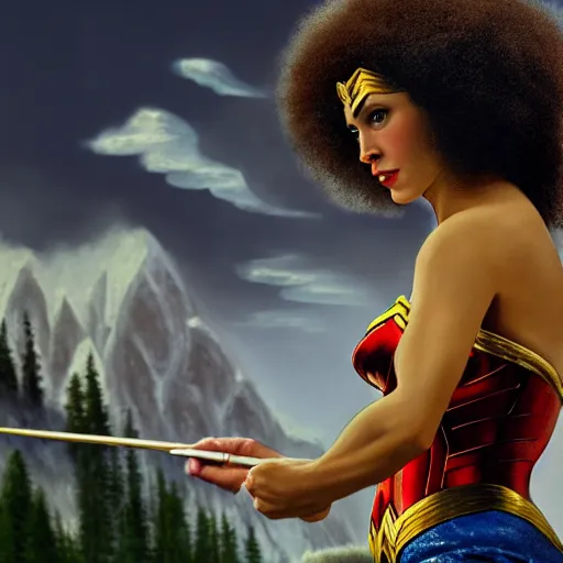 Image similar to a closeup photorealistic photograph of bob ross working on a canvas painting of wonder woman. film still. brightly lit scene. mountains and trees. this 4 k hd image is trending on artstation, featured on behance, well - rendered, extra crisp, features intricate detail, epic composition and the style of unreal engine.