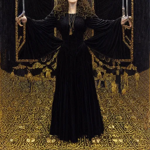 Prompt: portrait of a witch, dressed in black clothes, embroidered with gold, by donato giancola.
