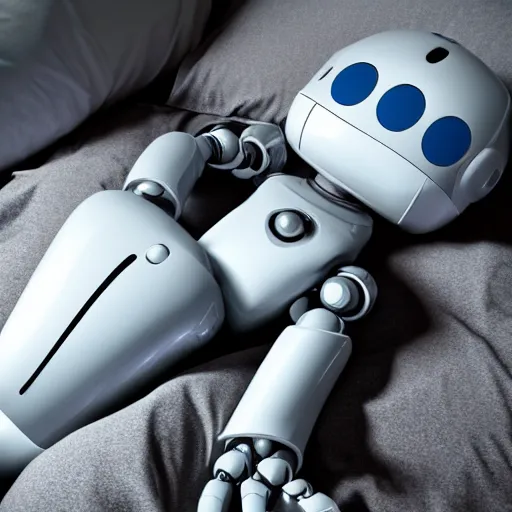 Prompt: Photograph. Robot laying down in bed. Sleeping. Night time.