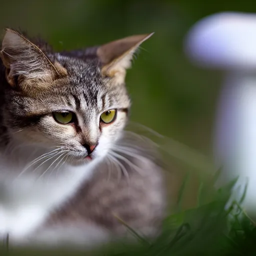 Image similar to a small domestic housecat with a white mushroom growing atop its head