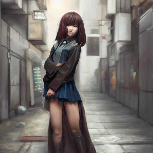 Image similar to a perfect, realistic professional digital oil painting of a Japanese schoolgirl posing in a dystopian alleyway, style of Marvel, full length, by a professional American senior artist on ArtStation, a high-quality hollywood-style concept