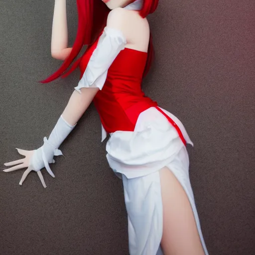 Image similar to very detailed photo of European anime cosplayer girl wearing white and red dress, studio photo, anatomically correct, pretty face, fine-face, smooth, sharp focus, UHD, 8k