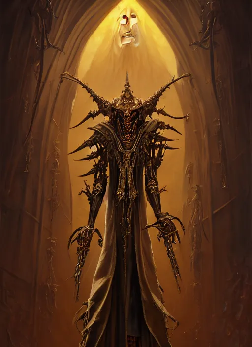 Image similar to slender high priest with dark and gold biomechanical robe, subsurface scattering, by jesper ejsing, justin gerard, tomasz alen kopera, cgsociety and fenghua zhong, highly detailed, rim light, cinematic lighting, illustration, art, octane render, very coherent, cinematic, hyper realism, high detail, octane render, 8 k