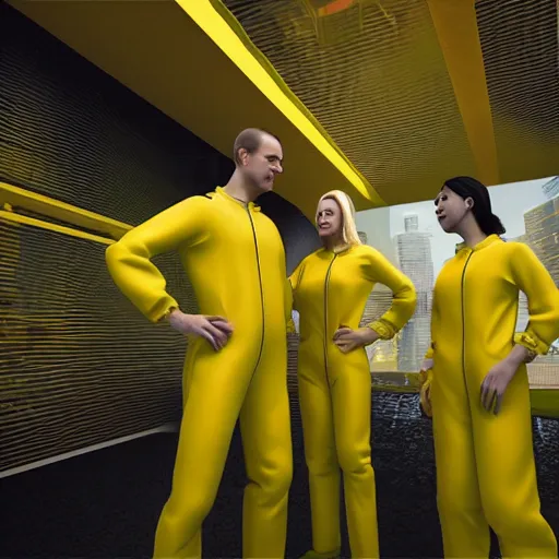 Prompt: futuristic world with people wearing yellow jump suits, 8 k resolution, cinematic lighting, anatomically correct