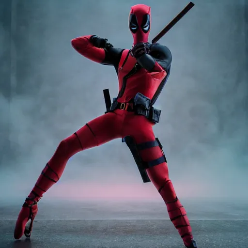 Prompt: full body pose, hyperrealistic photograph of deadpool as a ballerina dancer, dim volumetric lighting, 8 k, octane beautifully detailed render, extremely hyper detailed, intricate, epic composition, cinematic lighting, masterpiece, trending on artstation, very very detailed, stunning, hdr, smooth, sharp focus, high resolution, award, winning photo, dslr, 5 0 mm