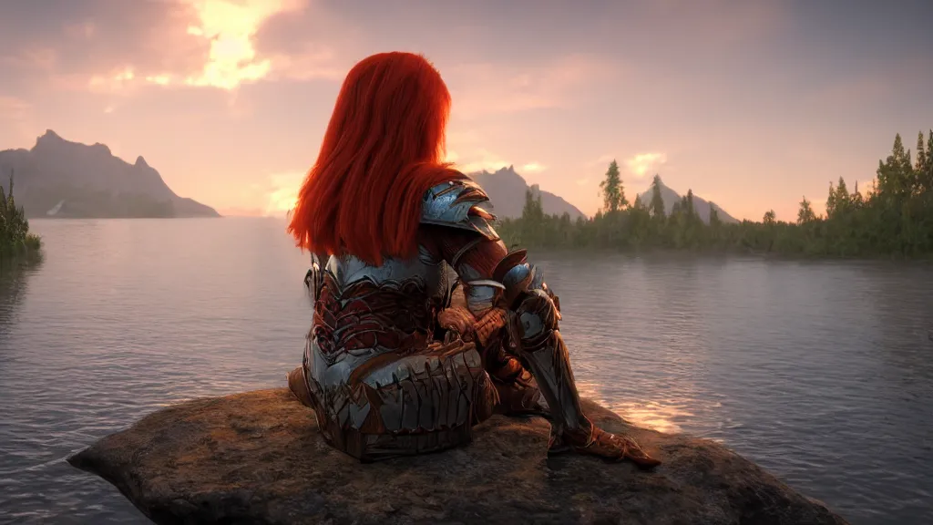 Image similar to beautiful female redhead elf warrior wearing armor, sitting next to a beautiful lake at sunset, enjoying the wind, looking at the water. 8k ultra realistic, award winning, unreal engine 5, masterpiece, atmosphere glow, hyperrealistic, focused, extreme details, cinematic