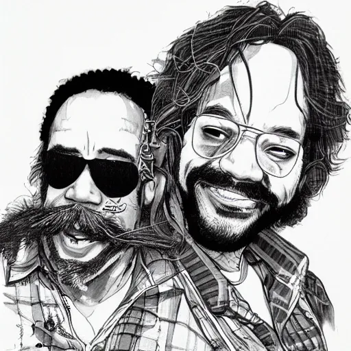 Image similar to portrait of cheech and chong as portrayed in up in smoke, concept art, sumi - e style, intricate linework, artstation, trending, highly detailed, smooth, focus, art by yoji shinkawa,