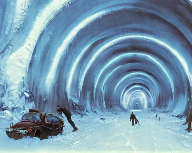 Prompt: An ice tunnel in Alaska, matte painting by Bruce Pennington and Moebius