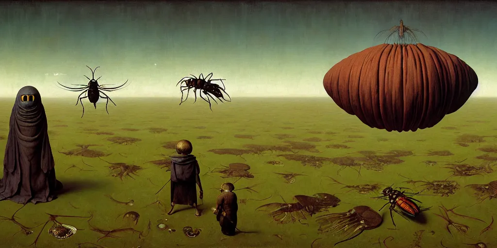 Image similar to cicada, as a matte oil painting, surreal, fog, concept art, award - winning, extremely detailed, sharp focus, very coherent and colorful high contrast masterpiece by norman rockwell franz sedlacek hieronymus bosch dean ellis simon stalenhag rene magritte gediminas pranckevicius, dark shadows, sunny day, hard lighting