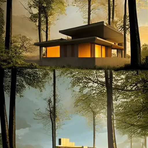 Image similar to modernist house inspired by a tibetan palace between big trees, yellow clouds, dramatic lighting, artstation, matte painting, raphael lacoste, simon stalenhag, frank lloyd wright, zaha hadid