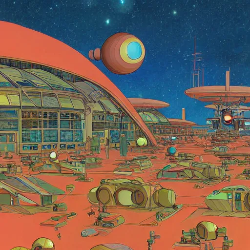 Prompt: a martian colony, digital painting by moebius, daniel taylor, darius puia, and studio ghibli