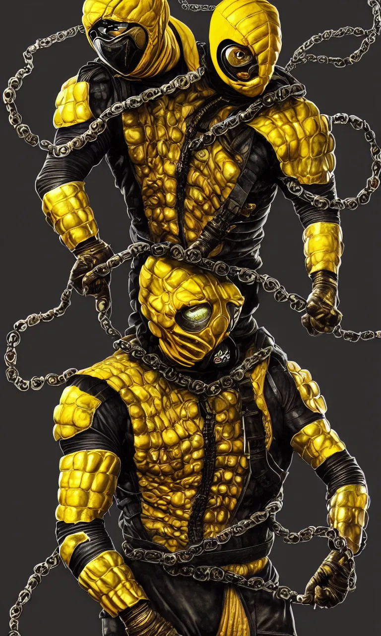 Image similar to hyper realistic full body portrait of scorpion from mortal kombat, yellow ninja exosuit, dynamic chain movement around him, by lee bermejo, alphonse mucha and greg rutkowski