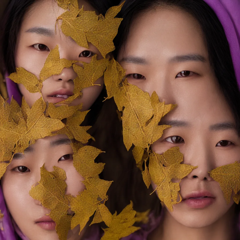 Prompt: close up portrait of a young korean face, gold leaves and violet silk threads mask, fashion magazine, portrait photography, annie leibovitz, david lazar, 1 0 5 mm, f 2. 8, in autumn, 8 k, detailed