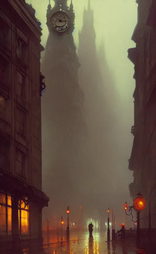 Image similar to an old victorian city with rainy atmosphere and moody and cinematic lighting by alphonse mucha, simon stalenhag and darek zabrocki, cinematic and atmospheric, concept art, artstation, trending on artstation