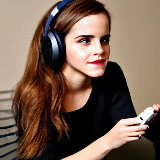 Image similar to emma watson wearing a gaming headset photo sitting on gaming chair stock photo