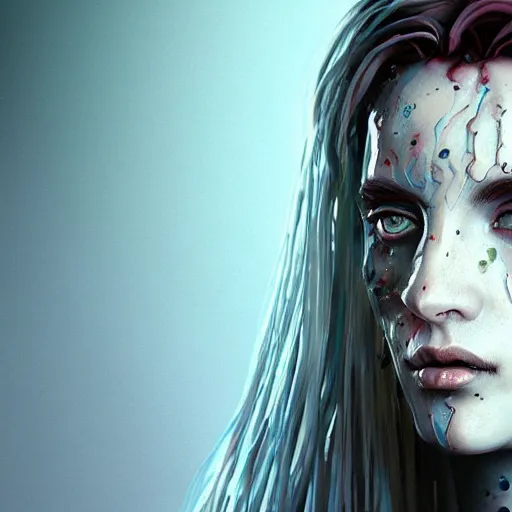 Image similar to woman portrait made out of water color paint, beautiful, cyborg, octane render, tim burton comic book art