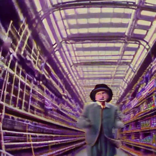 Image similar to grainy security cam footage still of Willy Wonka in his Chocolate Factory, extreme wide angle