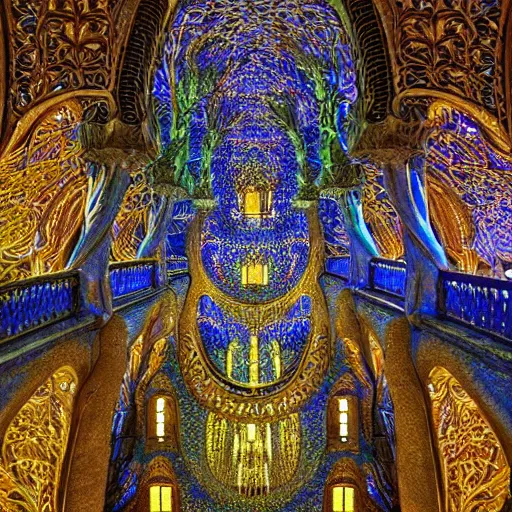 Prompt: intricate detailed glowing visionary architecture and gardens by antoni gaudi, john stephens, alex gray