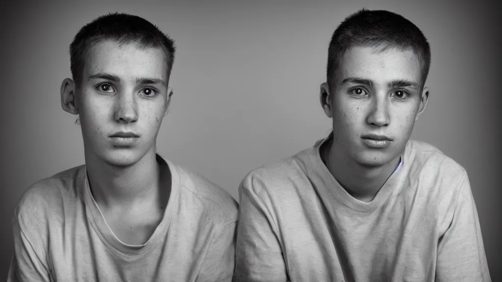 Prompt: a young man grayscale portrait photo. split light.
