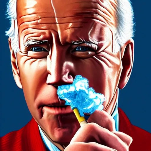 Prompt: A portrait of joe biden smoking a rolled marijuana joint, smoke, 8k, hyper detailed