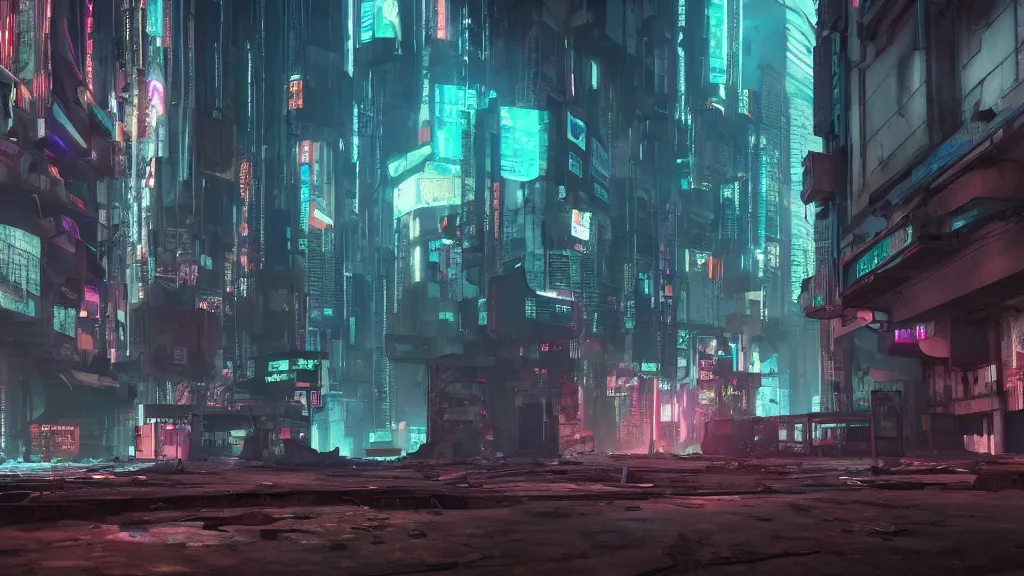 Image similar to exploring an abandoned, cyberpunk city, made in blender, octane render, cinematic, volumetric lighting, futuristic,, hyperrealistic, highly detailed, colourful 4 k hd