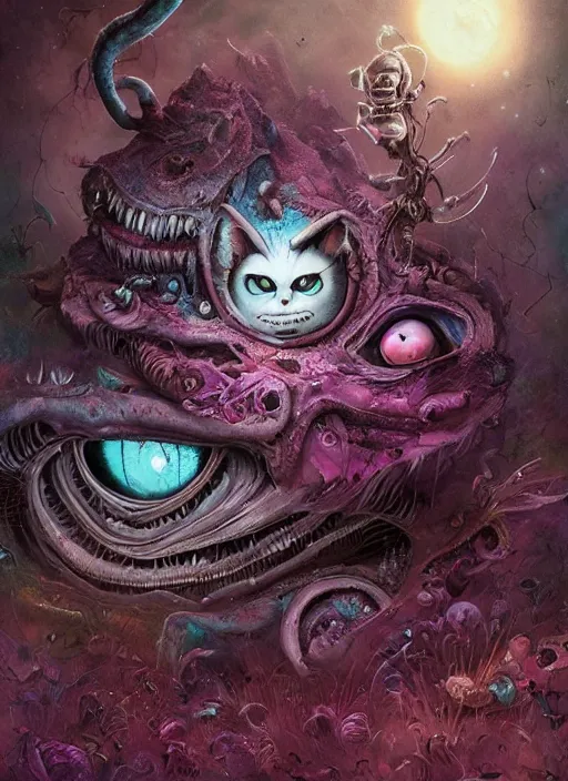 Image similar to cheshire cat, alien, highly detailed, cinematic, 8 k, by megan duncanson, benjamin lacombe, adrian borda, stanley artgermm, tom bagshaw, craig mullins, carne griffiths, ayami kojima, beksinski, giger, trending on deviantart, hyper detailed, horror, full of colour