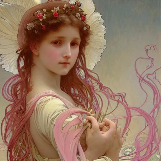 Prompt: painting of a beautifully angel with long flowing pink hair, intricate, elegant, hyperdetailed, by alphonse mucha and william - adolphe bouguereau and john william waterhouse, trending on artstation