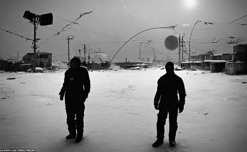 Image similar to In a futuristic space city of Neo Norilsk on the Moon, a Mysterious man is standing in the middle of a street photo by Trent Parke, the sun is blinding, a Russian city on the Moon