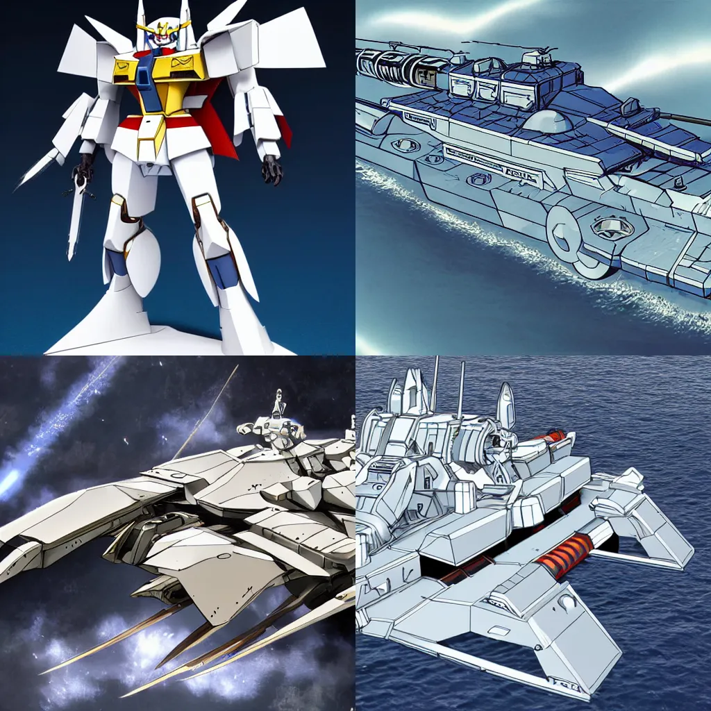 Prompt: a photo of a ironclad steam boat in the style of gundam, white and blue armor plating, high tech energy missile