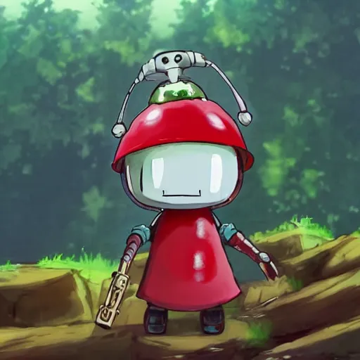 Prompt: cute little robot with tomato hat and a shive sword, made in abyss style standing on a forest