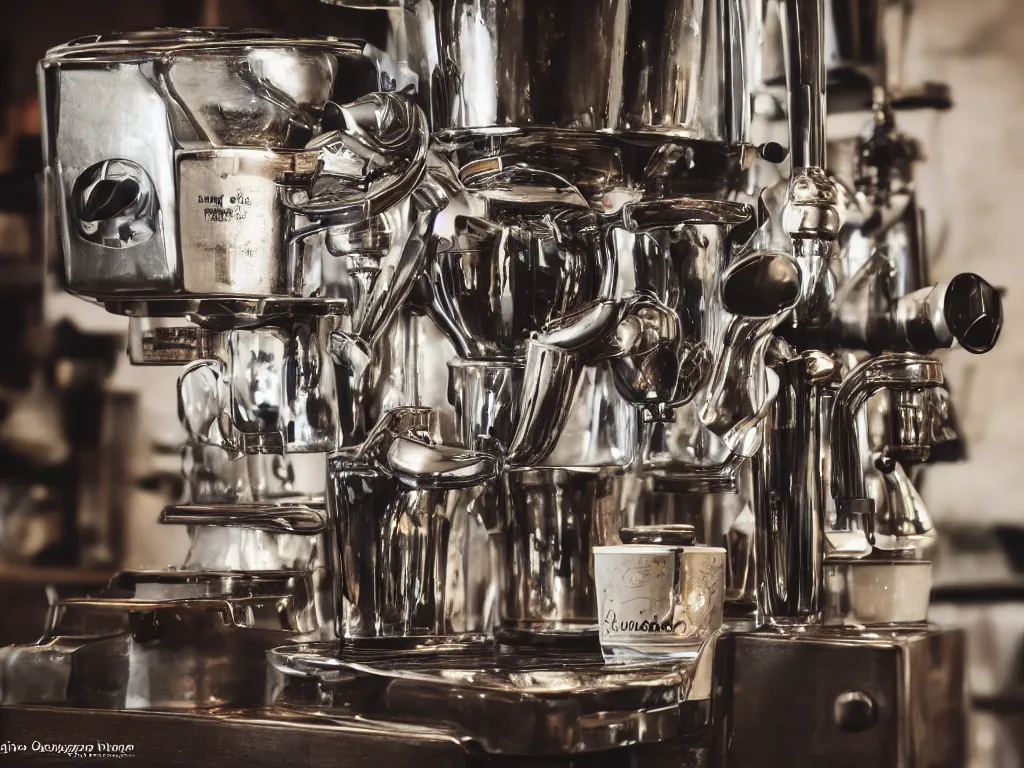 Prompt: wide angle by simon stalenhaag, photography of a historic coffee machine, by louis daquerre, product photography, small depth of field, fresh colors, 4k, highly detailed, trending on artstation