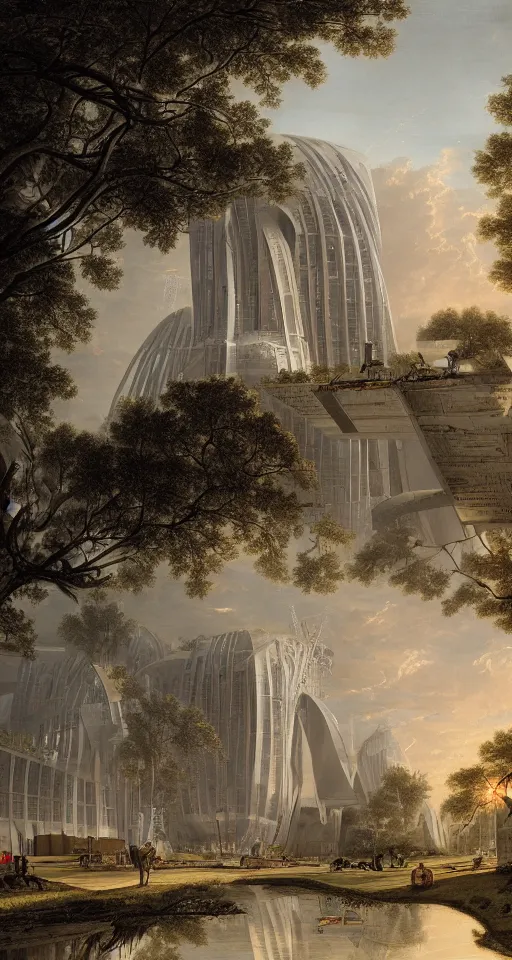 Image similar to huge futuristic building, illustration by asher brown durand, detailed, sharp, masterpiece, 8 k