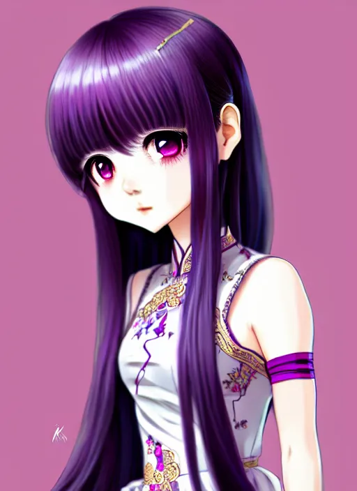 Prompt: full body illustration of an ulzzang korean girl purple hair with hime cut bangs, head slightly tilted, wearing an ornate cheongsam, ilya kuvshinov, anime, pixiv top monthly, trending on artstation, cinematic, danbooru, zerochan art, kyoto animation