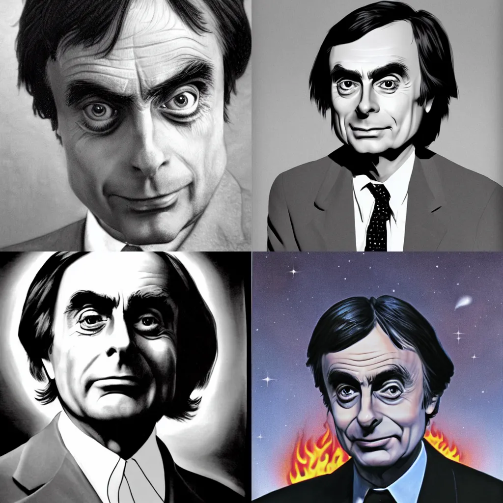 Prompt: Carl Sagan is Satan, portrait. evil. horns. flames. hyperrealistic