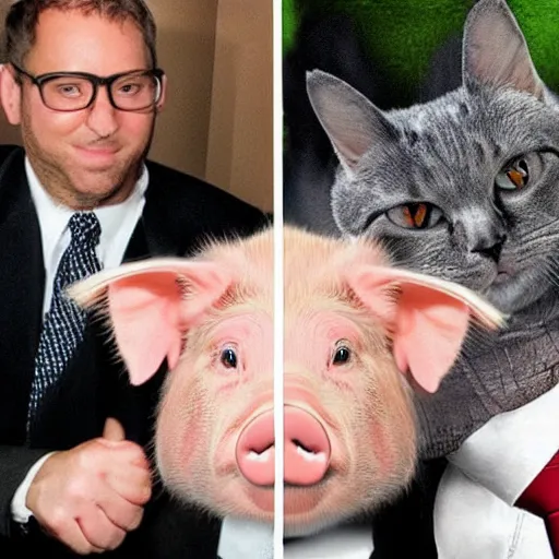 Image similar to a pig wearing a suit fighting with a cat photo - realistic