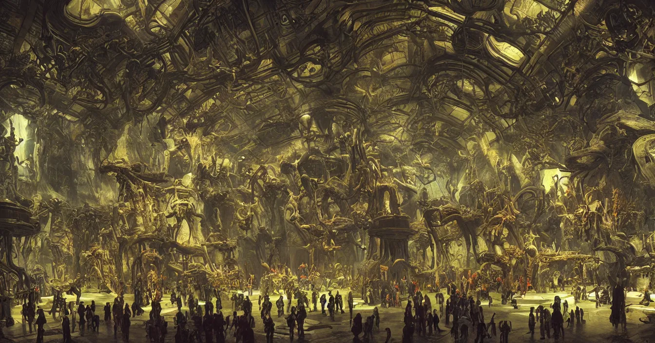 Prompt: Photograph of interior of futuristic museum, full of thousands of exhibits of alien humanoid fossils, high detail, light contrast, dramatic atmosphere, bright colours, painted by John Howe, Marc Simonetti, Asher Brown Durand , Gustave Dore, George Inness,