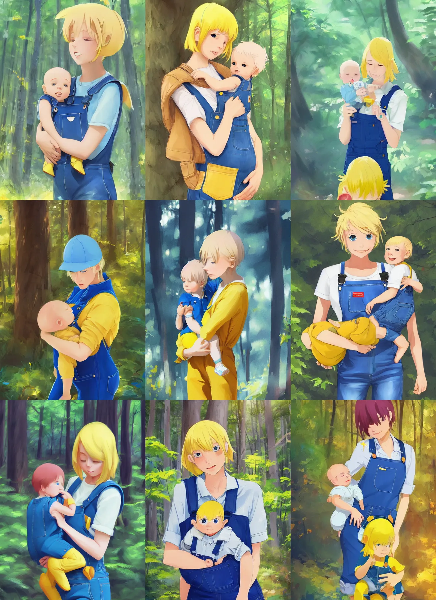 Prompt: 1 blond mum wearing blue overalls, she is cradling a baby wearing a yellow bob. they are in a forest, coherent, by makoto shinkai, rossdraws, james jean trending on artstation, digital art, realistic.