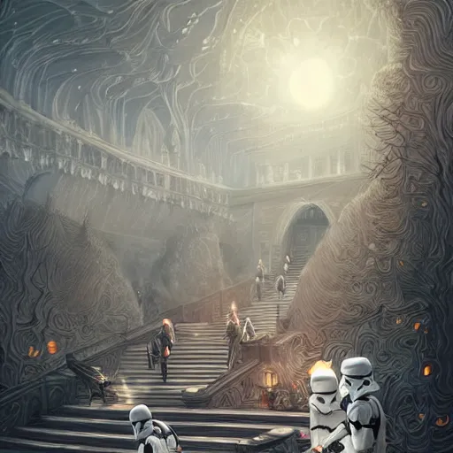 Image similar to Storm Troopers in Hogwarts, intricate, elegant, fantasy, highly detailed, digital painting, concept art, Junji Ito, sharp focus, illustration, beautiful volumetric lighting, epic light, artstation, magic hour lighting, colorful, sunshine, springtime, art by Sylvain Sarrailh