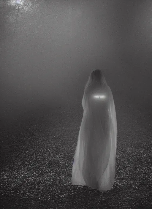 Image similar to a female silhouette walking, astral projection, white glowing aura, out of body, fog, film grain, cinematic lighting