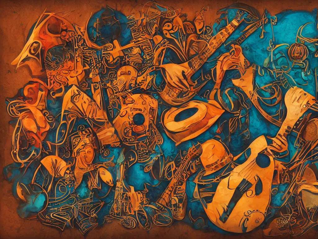 Prompt: a little funk band, retro - vintage, neo soul, mixed media with claymorphism, leather carvings, gouache paint, close up, album art, matte color palette, designed by artstationhq, retro, 3 - dimensional, gouache 3 d shading, tilt shift, low fi,