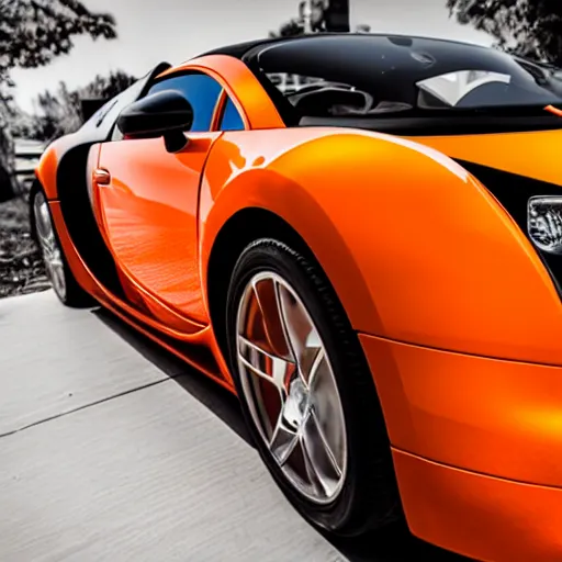 Prompt: a professional photo of an orange and black bugatti veyron, close up, front facing