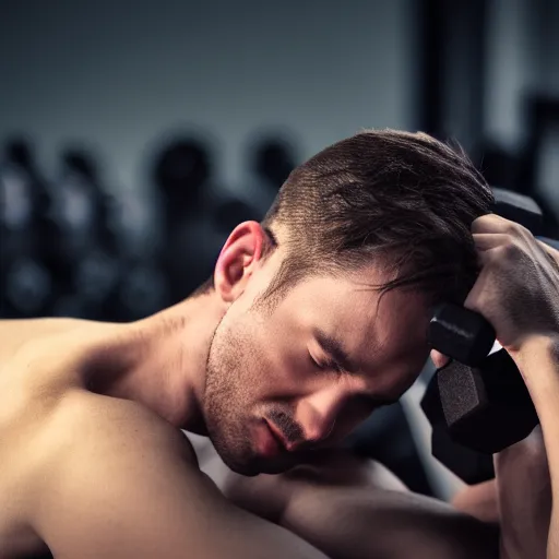 Image similar to A guy is laying his head on a dumbbell , sleeping, cinematic lightening, high quality, 8k , octane render