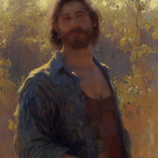 Prompt: a man with a shoulder length haircut, painting by Gaston Bussiere, Craig Mullins