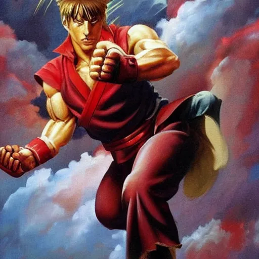 Prompt: jack mcbrayer as ken masters from street fighter, painting by frank frazetta, 4 k, ultra realistic, highly detailed,
