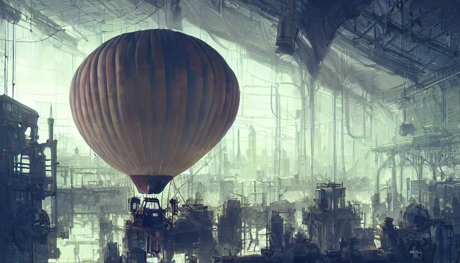 Image similar to Hot air balloon factory plant in a Dieselpunk city, steam, epic composition, intricate, elegant, volumetric lighting, digital painting, highly detailed, artstation, sharp focus, illustration, concept art, ruan jia, steve mccurry