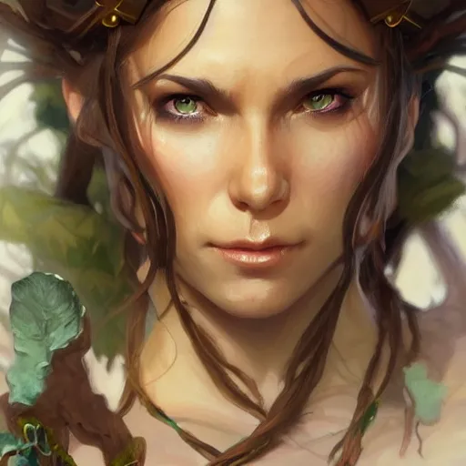 Prompt: female druid, muscular, fantasy, D&D, portrait, highly detailed, digital painting, artstation, concept art, sharp focus, illustration, art by artgerm and greg rutkowski and alphonse mucha