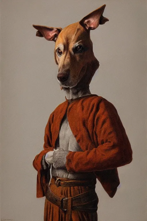 Image similar to kynokephaloi of dog head man, woolen torso in medieval clothes, oil painting, hyperrealism, beautiful, high resolution, trending on artstation,