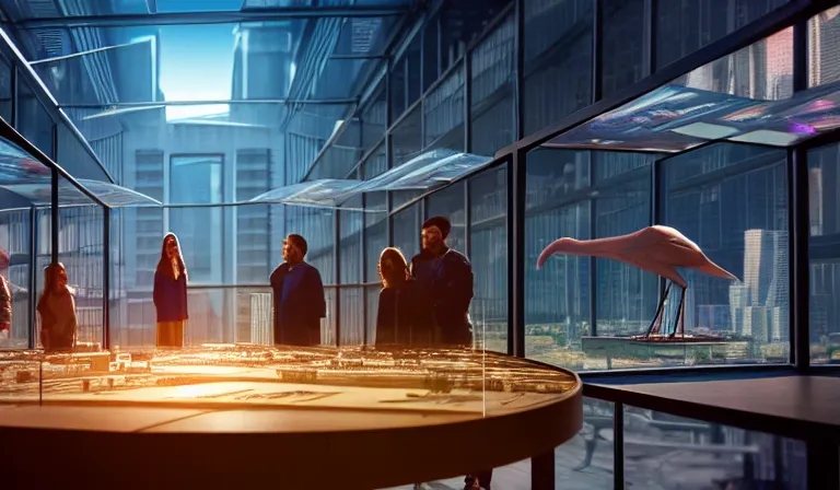 Image similar to group of people in simple windowed warehouse, looking at hologram of futuristic city on a table, cinematic concept art, godrays, golden hour, natural sunlight, 4 k, clear details, tabletop model buildings, center model buildings, hologram center, crane shot, crane shot, crane shot