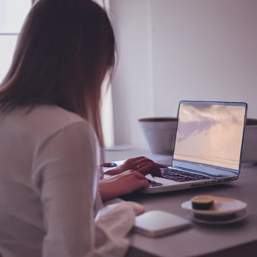 Image similar to a photograph of a person sitting at a desk, looking at laptop, dimly lit bedroom, hot cocoa drink on desk, professional photography, pastel tones, 4 k, 8 k